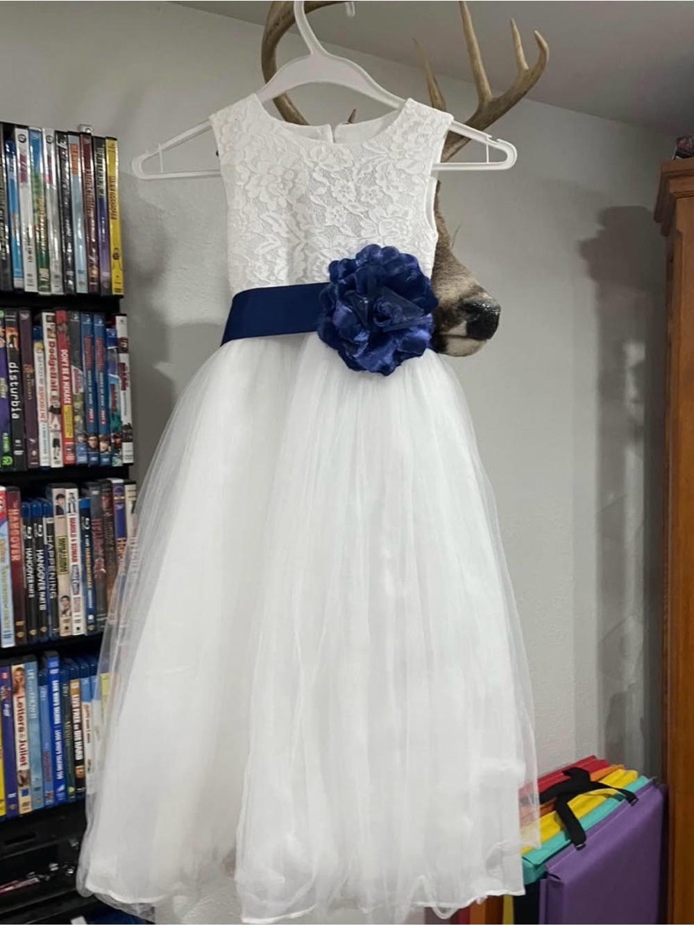 White Lace & Tulle Flower Girl Dress with Navy Sash and Floral Accent